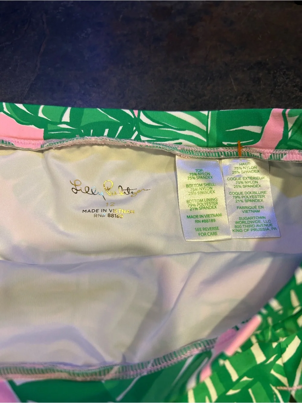 Lilly Pulitzer Green and Pink Tropical Leaf Rash Guard Skirt Swimsuit Set